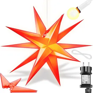 KESSER® Leuchtstern 3D, LED Weihnachtsstern mit Timer für innen und außen, Adventsstern Beleuchtet hängend Stern + Warmweiß Licht - Rot