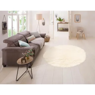 MY HOME Wollteppich Kjara, rund, Höhe: 40 mm, reine Wolle, Flokati Stil, handgewebter Teppich, Uni Farben, Hochflor beige