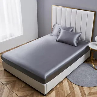 Damier Spannbettlaken 200x200cm Grau Dunkelgrau Anthrazit Satin Seide Glänzend Bettlaken Hochwertiges Deluxe Unifarben Spannbetttuch, Geeignet für Matratzen bis 30cm