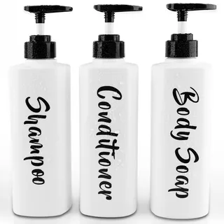 AUMIO Shampoo- und Conditioner-Spender-Set mit 3 bedruckten Duschseifenspendern, Kunststoff-Shampoo-Flaschen, nachfüllbar mit Pumpe, Shampoo-Spülung, Dusch-Spender für Badezimmer, Duschwand, 479 ml