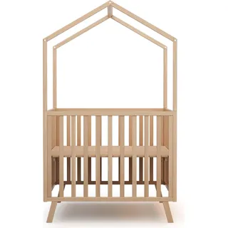 AT4 - Ausziehbarer Baby-Laufstall KASA Holzhütte Lackierte Buche 100 x 100 cm|Verstellbarer Boden in 3 Stufen