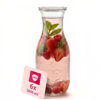 Weck Glaskaraffe 1000ml – 6er Set – Trinkflasche aus Glas mit Glasdeckeln zum Befüllen – als 1 Liter Wasserflasche, Glaskaraffe mit Deckel oder zum Einkochen & Verschenken