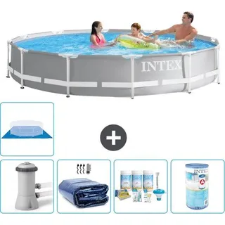 Intex Rundes Prismen Schwimmbecken - 366 x 76 cm - Grau - Mit Solarpumpe, Sonnenschutz, Pflegekit, Filter und Bodenabdeckung - Grau