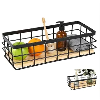 Drahtkorb,Metallkorb,Schwarz Dekokörbe,Haushalt Wandkorb Metall,Badezimmer Aufbewahrungskorb,Metallkorb mit Holzsockel für Obst Snacks Küche Speisekammer(1 Stück)