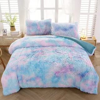 Sucses Batik-Bettwäsche-Set für Doppelbett, Plüsch, zottelig, weicher Samt, flauschig, mit 2 Kissenbezügen, Blau