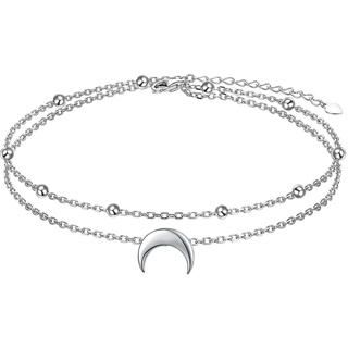 Flyow Moon Layered Fußkettchen 925 Sterling Silber für Damen Mädchen Einstellbare Perlen Halbmond Knöchel Armband Boho Strand Fuß Kette 9+1,5 Zoll Charme Schmuck