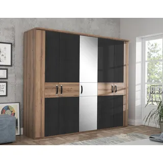 FORTE DOLCE Schrank 250, Kleiderschrank mit Spiegel, Drehtürenschrank groß Industrial, 5-türig, Dunkel Holzdekor: Schwarz Eiche/Schlammeiche, 250 cm breit x 213.6 cm hoch x 62 cm tief