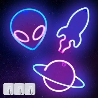 Neonlicht Schild, 3 Stück Rocket Planet Alien Platz Neonschild Batterie/USB Leuchtreklame Neon Schild Licht Neonschilder Neon Light für Schlafzimmer, Spielzimmer, Bar, Party, Kinderzimmer