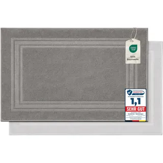 Komfortec 2er Badvorleger aus 100% Baumwolle, 600 GSM Duschvorleger | Waschbar, Badteppich, Saugfähig, Frottee, 50x70 cm, Hellgrau/Weiß