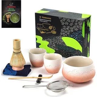 TEANAGOO Matcha Set: Schneebesen, Schale, Schaufel, Halter, Zubereitung, Teeset + 2 Tassen - Farbverlauf Rosa Weiß - 9 - Rosa, Weiß