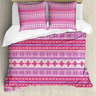ABAKUHAUS nordisch Bettbezug, Geometrischer Schnee Dezember, Milbensicher Allergiker geeignet mit Kissenbezügen, 200 cm x 200 cm - 80 x 80 cm, Lila Dunkel Coral Weiß - Lila, Weiß