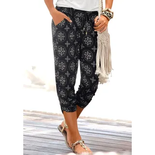 Strandcapri LASCANA "aus luftig-leichter Viskose mit Raffung am Bein", Damen, Gr. 46, N-Gr, schwarz (schwarz, beige), Jersey, Obermaterial: 100% Viskose, bedruckt, figurumspielend 3/4-Länge, Hosen Strandcapri, mit Alloverdruck und Taschen, 3/4-Hose, luftige Caprihose, Sommerhose, Topseller