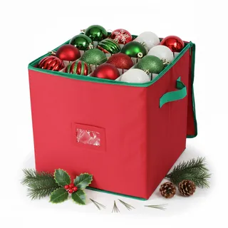 Relaxdays Weihnachtskugel Aufbewahrungsbox, 64 Kugeln, HxBxT: 33 x 33 x 33 cm, Polyester, Pappe, Kugelkiste, rot/grün