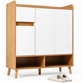 Stilvora Schuhschrank in Weiß|Naturfarben Sideboard mit verstellbaren Einlegeböden & Massivholzbeinen, B90/T35/H99cm , Weiß, Naturfarben , Holzwerkstoff , 1 Schubladen , Rechteckig , rund , 90x99x35 cm , Garderobe, Schuhaufbewahrung, Schuhschränke