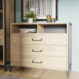 Forte Oriental Tree Industrielle Kommode 110 mit 3 Schubladen und 2 Fächern, Bartex Eiche Dekor/Schwarz, 109,4 cm breit x 90,7 cm hoch x 41,5 cm tief