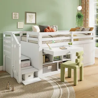 Abrihome Kinderbett aus Holz 90x200cm, Hochbett mit Treppe, Schränke und Stauraum, mit Lattenrost und Rausfallschutz, Weiß - Weiß