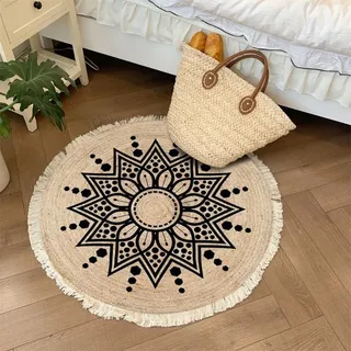 Aniyan Handgewebter Baumwollteppich Rund Boho Stil mit Fransen, Geflochtener Teppich Waschbar Faltbar, Weicher Teppich für Wohnzimmer Schlafzimmer Küche Flur (Ø 60cm,Muster I)