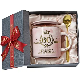 Geschenke zum 60 Geburtstag Frau, Fabelhafter 60. Limited Edition, 400ml Rosa Marmor Kaffeetasse mit Golddruck, Geschenk für Frauen zum 60.ter Geburtstag, Oma, Mutter, Schwester, Schöne Geschenkbox