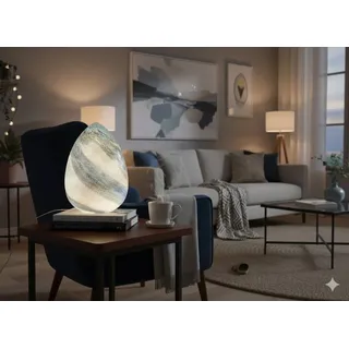 Formano Kugellampe Oval Glas Marmor Design 30cm Tischlampe aus weißem blauen Glas - Blau