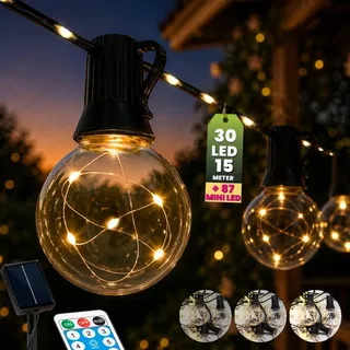 LUMILED Solar Lichterkette Außen 15m 30 LED mit 87 Zusatzdioden Bulb mit LEDs Drahtlichterkette Fernbedienung 8 Leuchtmodi IP44 Wetterfest Dimmbar Warmweiß 3000K Beleuchtung Garten Terrasse Balkon Party Deko - Schwarz
