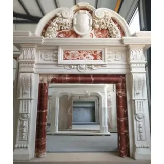 Casa Padrino Luxus Barock Kaminumrandung Weiß / Rot 208 x 38 x H. 243 cm - Prunkvolle Kaminumrandung aus hochwertigem Marmor - Marmor Möbel im Barockstil - Weiß, Rot