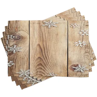 ABAKUHAUS Weihnachten Platzmatten, Holz Plank Schneeflocken, Waschbare Stoff Esszimmer Küche Tischdekorations Digitaldruck, Braun Hellbraun Weiß