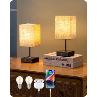 EDISHINE 2er Set Nachttischlampe, Touch-Dimmer, 2 USB, Schwarz