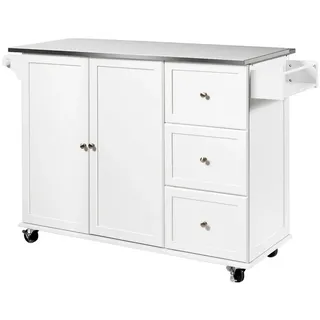 Costway Küchenwagen mit Arbeitsplatte aus Edelstahl, Kücheninsel mit 3 Schubladen & Verstellbarer Ablage & Handtuchhalter, Mobiler Servierwagen, Küchenschrank auf Rollen, Kücheninselwagen Weiß - Weiß, Silber