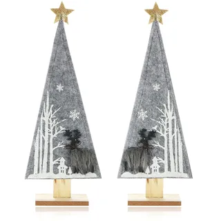 COM-FOUR com-four® 2X dekorativer Aufsteller für Weihnachten - Tannenbaum aus Filz mit Fuß aus Holz - Weihnachtsbaum als Deko für Tisch und Fenster (2X Waldtanne - Grau)