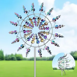 DASIAUTOEM Magische Windmühle, 3D Windrad Edelstahl, Windspiel Garten mit Gartenpfahl, Wind Spinner im Freien, 360° Dual Rotors kinetische Wind Spinner für Hof, Garten, Terrasse, Dekoration (Bunt)
