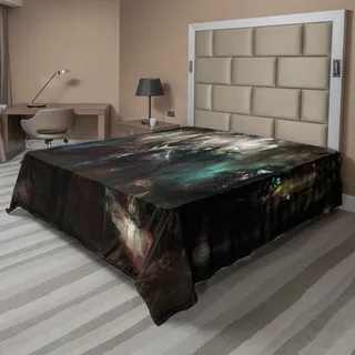 ABAKUHAUS Fantasy World Bettlaken, Kybernetik Armee Tief Im Wald Futuristisches Künstliches Schlechtes Kämpfer Thema, weiches bequemes oberes Bettlaken für ein dekoratives Bett 1 Stück 244 cm x 205 cm, Blau Rot