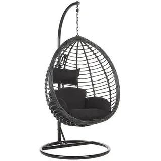 Beliani Hängesessel mit Gestell PE Rattan schwarz 97 cm Tollo , Schwarz , Kunststoff , 106x199x97 cm , Gartenmöbel, Gartenschaukeln, Hängesessel