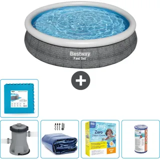 Bestway runder aufblasbarer Fast-Set-Pool – Rattan-Druck – 366 x 76 cm – inklusive Pumpe Sonnensegel - Wartungspaket - Filter - Bodenfliesen - Grau