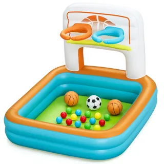 Bestway 3-in-1-Bällebad Kick 'n Swish, 120 x 107 x 84 cm, ab 2 Jahren, Innen- und Außengebrauch, PVC, 2 Basketballkörbe, Torschusswand, 1 Fußball, 2 Basketbälle, 15 Spielbälle, Sicherheitsventile