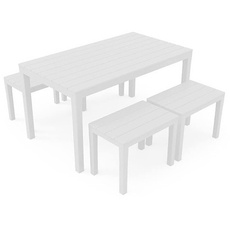 Outdoor-Set mit 1 rechteckigen Tisch 4 Bänke, Made in Italy, weiße Farbe