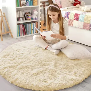 smiry Flauschig Hochflor Teppich Wohnzimmer, Rund 120x120 cm, Beige