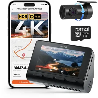 70mai A800SE Dashcam Auto Vorne Hinten 4K HDR 2160P+1080P mit 128GB SD Karte, Dual Autokamera 3" IPS, F1.55 Blende Nachtsicht, 210Sek.Puffer Notfall-Voraufzeichnung, Parküberwachung, Max 512GB