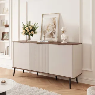 Dreitürige NAVANI Kommode 160 cm Sideboard geriffelten Fronten Stauraummöbel Soft-Close-System Dreitüriger Schrank Wohnzimmer Kaschmir + Nussbaum - Braun, Grau, Schwarz, Gold