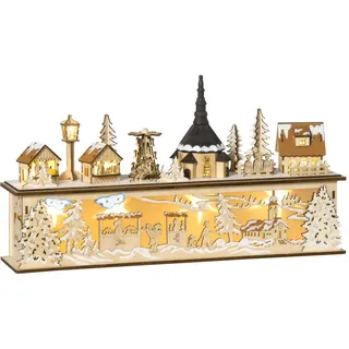 Homcom Weihnachtsdeko Verschneites Weihnachtsdorf mit 10 LEDs Natur 45 x 10 x 25 cm , Naturfarben , Holz , 10x25x45 cm , Dekoration, Weihnachtsdekoration