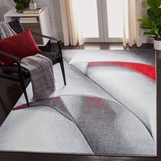 SAFAVIEH Modern Teppich für Wohnzimmer, Esszimmer, Schlafzimmer - Hollywood Collection, Kurzer Flor, Grau und Rot, 79 X 152 cm