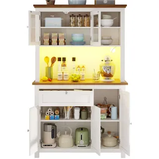 Stilvora Küchenschrank in Weiß Buffetschrank mit LED-Beleuchtung und verstellbaren Ablagen für Küche, B104/T40/H180 cm , Metall, Holzwerkstoff, Glas , Rechteckig,Rechteckig , 104x180x40 cm , Kleinmöbel, Kommoden, Highboards