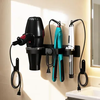 DOTCUTY Fönhalter Ohne Bohren, Föhn Halterung, Lockenstabhalter, Glätteisenhalter, 3-in-1 Badezimmer Haarwerkzeug-Organisator-Regal, Selbstklebend Fönhalterung für Bad Hotel