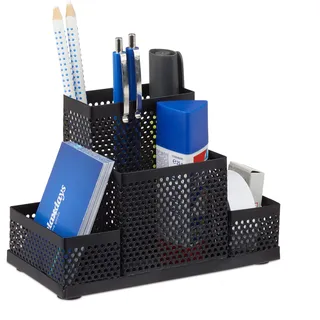 Relaxdays Schreibtischorganizer Metall, Büro Stiftehalter, Schreibtischköcher Kinder, gelocht, HxBxT: 11x16x8cm, schwarz