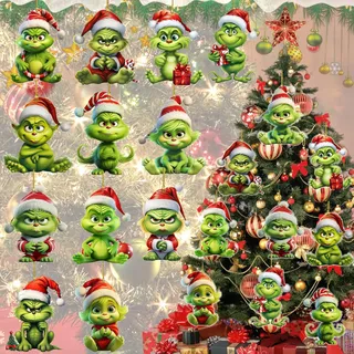 Benaton 12 Stück Grinch Deko, Weihnachtsschmuck Grinch Weihnachtsbaum Deko Mit Elastischer Kordel 2D Acryl Anhänger, G-Rinch Weihnachtsbaum Deko Weihnachtsbaumanhänger Baumschmuck Weihnachten(8cm)
