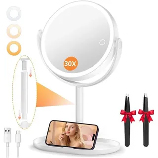 Vergrößerungsspiegel mit Licht – 9-Zoll-Make-up-Spiegel mit wiederaufladbarer Batterie und Pinzette – 3-farbiger, stufenlos dimmbarer Spiegel mit Telefonhalterung