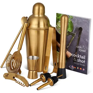 Oak & Steel – 10-teiliges Cocktail-Shaker-Set, professionell, Edelstahl, goldfarben – Barkeeper-Set mit Rezeptbuch Cocktail & Shot