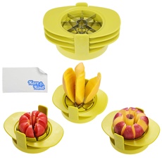 Apfel/Tomate/Mango Schneider - 3er Set - Stabile Basis hält Obst/Gemüse an Ort und Stelle - Bewahrt zudem die Schneider organisiert - Messerscharfe Edelstahl Schneideblätter - Schnell - Einfach
