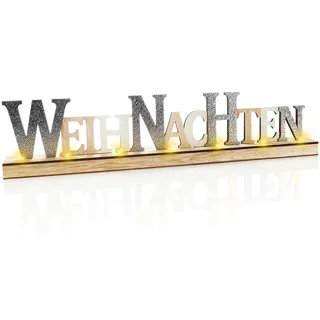 COM-FOUR com-four® LED Deko Aufsteller aus Holz - beleuchteter Schriftzug auf Holzsockel - Deko-Schriftzug zum Hinstellen für Weihnachten - Stimmungslicht mit Timer (silberfarben)