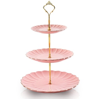 Sweejar Home 3-stöckiger Keramik-Kuchenständer, Etagere für Hochzeit, Dessert, Cupcake-Ständer für Teepartys, Essens-Servierer (Rosa)