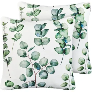 BELIANI Gartenkissen 2er Set Grün Polyester Pflanzenmotiv Quadratisch 45x45 cm Wasserabweisend Dekokissen mit Füllung für Garten Terrasse Balkon - Grün, Weiß